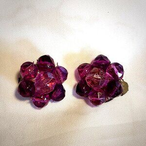 Vintage W. Germany Signed Clip On Earrings Purple Lucite‎ Bead Cluster Goldtone